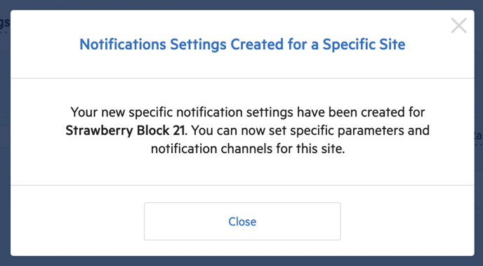 Notifications Settings Created for a specific site